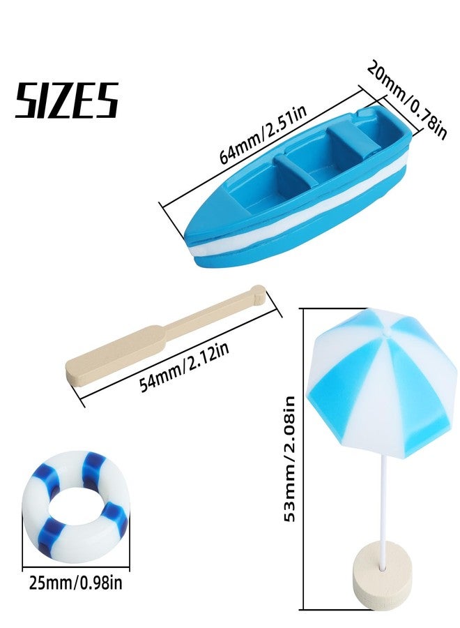 Begino 4 Sets of Miniature Rowboat Mini Blue Boat with Oars Figurines Micro Landscape Life Buoy Blue Beach Umbrellas Canoe Models Ocean Beach Scene Ornaments - Image 2